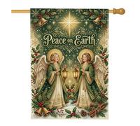 Bandera de Navidad con cita de ángel de paz en la tierra, 28 x 40 pulgadas | Ángeles con linternas, bandera de patio, cita de paz en la tierra, acentos de acebo y canela, diseño de estrella dorada