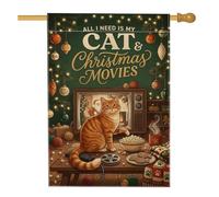 Bandera de Navidad con cita nocturna de gato, 71 x 101 cm | Gato atigrado naranja, bandera de césped, televisión vintage, cuenco de palomitas de maíz, cadena de luces festivas