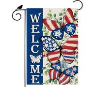Bandera Del Patio Bienvenidos Acuarela América Estrellas Mariposas Hojas De Eucalipto Bandera Doble Cara Divertida 30X45Cm Pancarta Para Patio Interiores