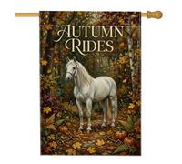 Bandera ecuestre de casa de caballo con escena de bosque otoñal, 71 x 101 | Retrato de caballo blanco, bandera de césped, follaje de otoño, paisaje rústico del bosque, calabazas de cosecha