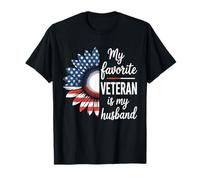Bandera estadounidense de girasol con texto en inglés "My Favorite Veteran Is My Husband" Camiseta