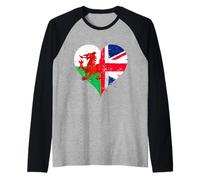 Bandera Gales y Union Jack para Orgullo Galés de Reino Unido Camiseta Manga Raglan