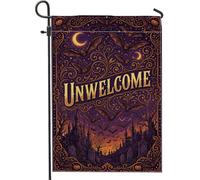 Bandera gótica de murciélagos con cita indeseable de Halloween, 12 x 18 | Tipografía gótica, bandera de césped, castillo encantado, horizonte nocturno a la luz de la luna, filigrana en remolino