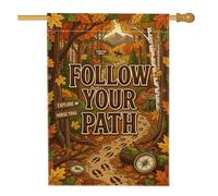Bandera inspiradora con cita de aventura, bosque, otoño, casa, 28 x 40 | Tema de sendero forestal, bandera de patio, cita inspiradora, impresiones de brújula y pezuña, decoración rústica del bosque