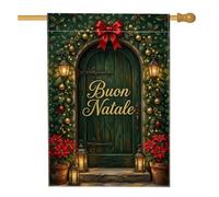 Bandera italiana de Navidad para puerta de casa arqueada, 71 x 101 cm | Guirnalda de hoja perenne, bandera de césped, flores de Pascua rojas, linternas brillantes, saludo italiano de vacaciones