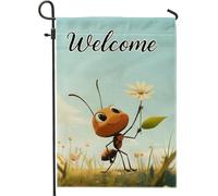 Bandera Jardín Adorable Hormiga Da La Bienvenida A Una Colorida Flor De Insecto De Dibujos Animados Anti Decoloración Garden Flag Durable Estandarte Exterior Para Césped Porche Playa 30X45Cm
