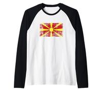 Bandera Macedonia Vintage para Abanico, Bandera de Macedonia Retro Camiseta Manga Raglan