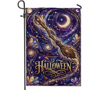 Bandera mágica de jardín de Halloween con escoba de 12 x 18 pulgadas | Arte de vidrieras, bandera de césped, tema celestial, cristales dorados, luna creciente, decoración mística