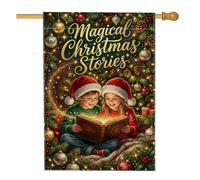 Bandera mágica de Navidad para niños que leen la casa, 71 x 101 cm | Tipografía dorada, bandera de patio, ramas de pino, bolas brillantes, bayas de acebo, ilustración de libro de cuentos