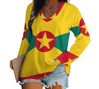 Bandera Nacional De Granada Sudaderas para Mujer, Ligeras, Informales, Holgadas, Básicas, De Manga Larga, Cuello En V, Moda Casual Día A Día Y El Trabajo Negro Carbón 4XL