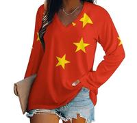 Bandera Nacional De La República Popular China Camiseta Mujer Manga Larga, Corte Holgado con V Escote Moda Casual, Camiseta Básica Manga Larga Blanco Suave Y Cómoda Día A Día M