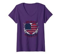 Bandera patriótica de corazón God Bless America Camiseta Cuello V, Mujer, Morado, L