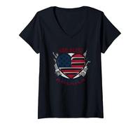 Bandera patriótica de corazón God Bless America Camiseta Cuello V, Mujer, Negro, XL