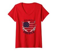 Bandera patriótica de corazón God Bless America Camiseta Cuello V, Mujer, Rojo, M