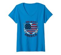Bandera patriótica de corazón God Bless America Camiseta Cuello V, Mujer, Zafiro, M