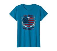 Bandera patriótica de corazón God Bless America Camiseta, Mujer, Zafiro, L