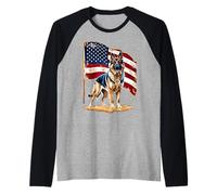 Bandera patriótica Estadounidense de Perro Pastor alemán 4 de Julio Camiseta Manga Raglan