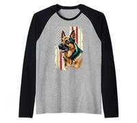 Bandera patriótica Estadounidense de Perro Pastor alemán 4 de Julio Camiseta Manga Raglan