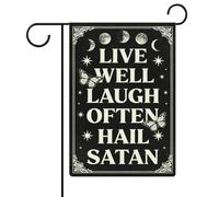 Bandera Pirata Vive bien ríe a menudo ¡Salve Satanás! Estandarte 12x18 | Inch Doble Cara Bandera De Exterior Impermeable Estandarte de Jardín para Patio Casas Calle