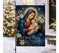 Bandera religiosa de Navidad con cita religiosa de Madonna y el niño, 12 x | Lirios blancos, bandera de patio, bayas de acebo, fondo de noche estrellada, tema religioso, decoración de temporada al aire