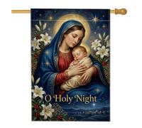 Bandera religiosa de Navidad con cita religiosa de Madonna y el niño, 71 x | Lirios blancos, bandera de patio, bayas de acebo, fondo de noche estrellada, tema religioso, decoración de temporada al aire
