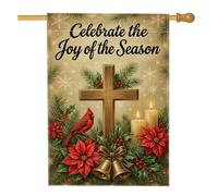 Bandera religiosa de Navidad con cruz y cardenal para casa, 71 x 101 cm | Pájaro cardenal, bandera de patio, flores de pascua, velas brillantes, agujas de pino, tema religioso