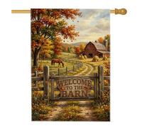 Bandera rústica con paisaje otoñal de granja de 28 x 40 pulgadas | Escena rústica de granja, bandera de patio, caballo de pastoreo, follaje de cosecha de otoño, paisaje de campo