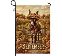 Bandera rústica de jardín de cosecha de burro otoñal de 12 x 18 pulgadas | Tema de granja, bandera de césped, cosecha de frutas, sombrero de paja, bufanda a cuadros, paisaje rural