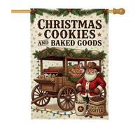 Bandera rústica de Papá Noel para casa de Navidad, 71 x 101 cm | Carro de madera rústico, bandera de patio, galletas de jengibre, saco de café occidental, guirnalda de bayas de acebo