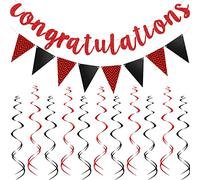 Bandera triangular con purpurina con 12 espirales colgantes para bodas, jubilaciones, graduaciones, aniversarios, fiestas (negro, rojo)