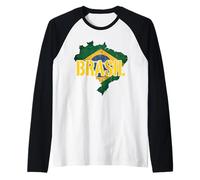 Bandera Vintage de Mapa de Brasil Envejecida Camiseta Manga Raglan