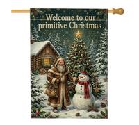 Bandera vintage primigenia de Navidad de Papá Noel, 28 x 40 pulgadas | Cabaña de troncos rústica, bandera de patio, muñeco de nieve, árbol de Navidad decorado, bosque de invierno, estética vintage