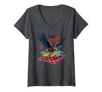 Banderas, Comida, Libertad Camiseta Cuello V, Mujer, Jaspeado Oscuro, XL