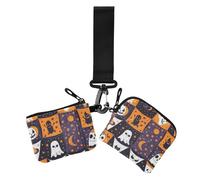 Banderas con elementos de Halloween, monedero doble para tarjetas de crédito, cartera delgada y plana con bolsillo con cremallera para mujer, 2 paquetes, Banderas con elementos de Halloween, 1 size,