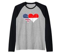 Banderas de Estados Unidos e Indonesia Corazones Vintage Americanos e indonesios Camiseta Manga Raglan