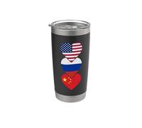Banderas de Estados Unidos, Rusia y China - Diseño vintage con símbolo de corazón Vaso térmico de acero inoxidable de doble pared