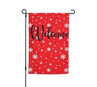 Banderas de jardín con lindos copos de nieve que caen, bandera de patio premium, paisaje natural de invierno, pintura de fondo rojo, bandera de fiesta de vacaciones, decoración de granja al aire libre