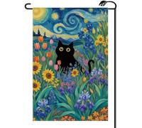 Banderas de Jardín Primavera Verano Gato Flores Negra Jardín 30x45cm | con 2 ojales de metal Banderas de Exterior Vintage Bandera de balcón balcón Fiestas