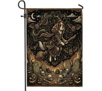Banderas de jardín verticales vintage de Witch Cavalier King Charles Spaniel para patio delantero, patio trasero, 12 x 18 pulgadas, doble cara para exteriores, cementerio aterrador, pequeñas banderas