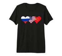 Banderas de Rusia, Estados Unidos y China - Corazones Chinos rusos Americanos Camiseta Premium