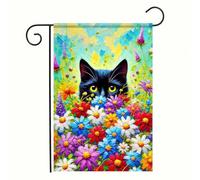 Banderas Gato de primavera Flores pequeña negra Césped 30x45cm | Resistente al Viento y la Lluvia Banderas de Jardín gracioso Bandera de balcón pared Fiestas