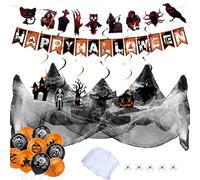 Banderines de Silueta de Halloween XXL - Decoración Completa para Fiesta de Halloween - Incluye Guirnalda de Fantasmas, Decoraciones Colgantes, 15 Globos, Telaraña Artificial, Arañas de Plás