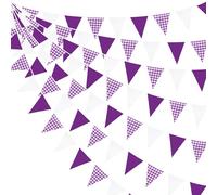 Banderines de tela a cuadros blancos y morados profundos de 32 pies, decoración de fiesta, bandera triangular a cuadros, guirnalda de banderines para graduación, Halloween, violeta, boda, cumpleaños,