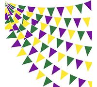 Banderines de tela verde púrpura amarillo de 32 pies, decoración de fiesta, bandera triangular, guirnalda de serpentinas para fiestas de Mardi Gras, cumpleaños, boda, jardín, decoración colgante