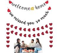 Banderines Decorativos 2 Piezas Bienvenida a casa, Guirnalda con Corazones 5m y Pancarta Welcome Home We Missed You so Much Negro y Rojo para Fiestas, Eventos y decoración del hogar