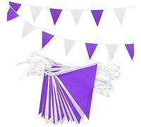 Banderines triangulares de 20 m, 52 unidades, color morado y blanco, tela de poliéster reutilizable de dos colores para decoración de fiestas de cumpleaños en interiores y exteriores