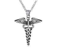 Bandmax Caduceo Serpiente en Colgante Chapa con Cruz Roja Emergencia Sanitaria, Puede Poner Enfermedad Nombre Domicilio Personalizable (01. Color Platino, Acero inoxidable)