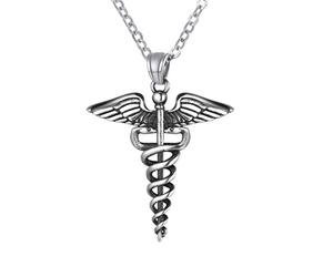 Bandmax Caduceo Serpiente en Colgante Chapa con Cruz Roja Emergencia Sanitaria, Puede Poner Enfermedad Nombre Domicilio Personalizable (01. Color Platino, Acero inoxidable)