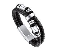 Bandmax Pulsera Cuero Iman Hombre Cordones Doble Capa 19cm Largo, Pulsera de Piel Negra Cierre Magnetico Estilo Moto Biker