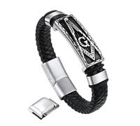 Bandmax Pulsera de Cuero para Hombre 21cm Ajustable, Esclava Grande Escuadra y Compás Símbolo Masonería Thor